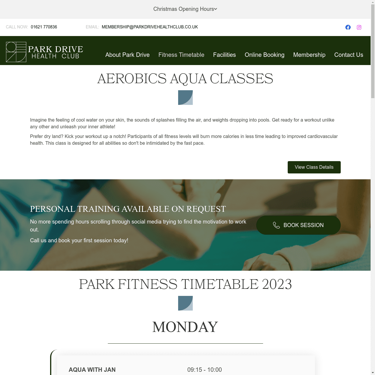 Park Drive Health Club Website built by Solve My Problem - Classes Page
